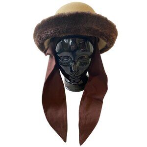 Liz Claiborne Beige Wool Cloche Hat Brown Faux Fur Trim & Attached Scarf